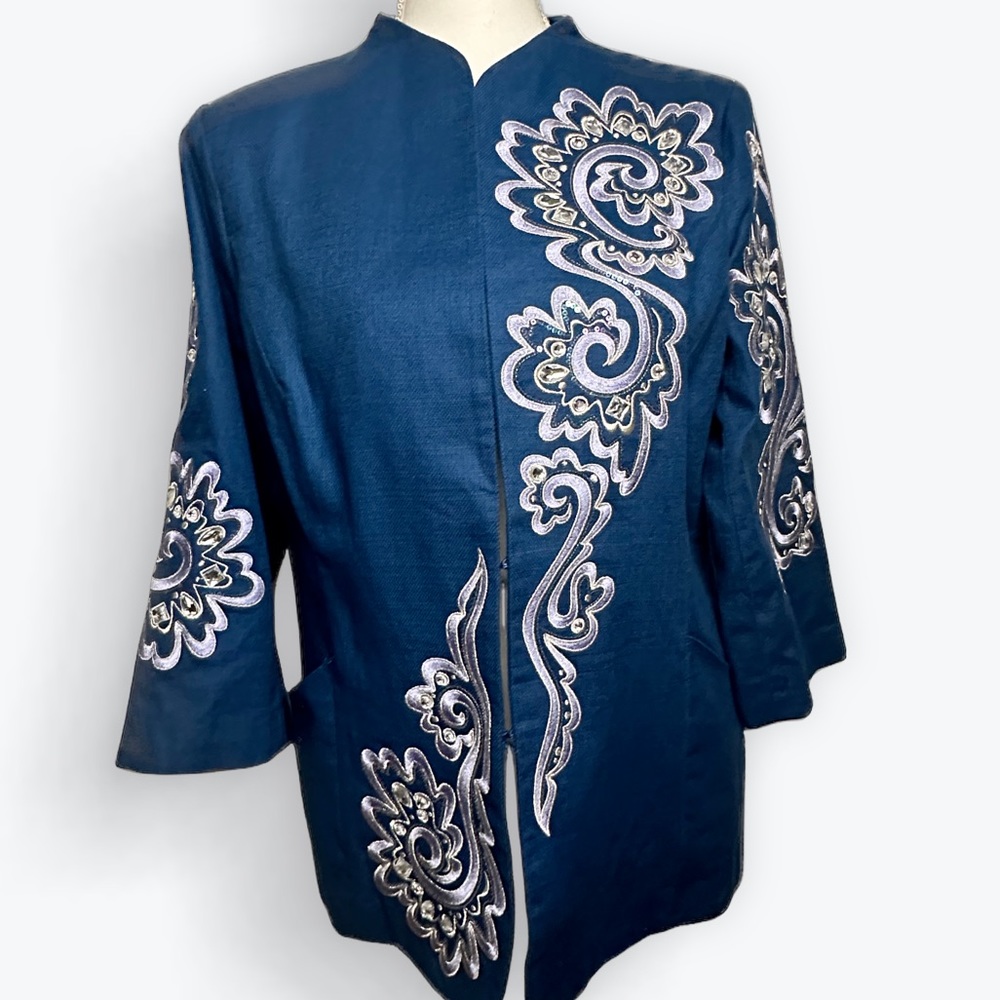 Bob Mackie Bedazzled Embellished Blazer in Blue Silver Sequin: Women's 14 Large